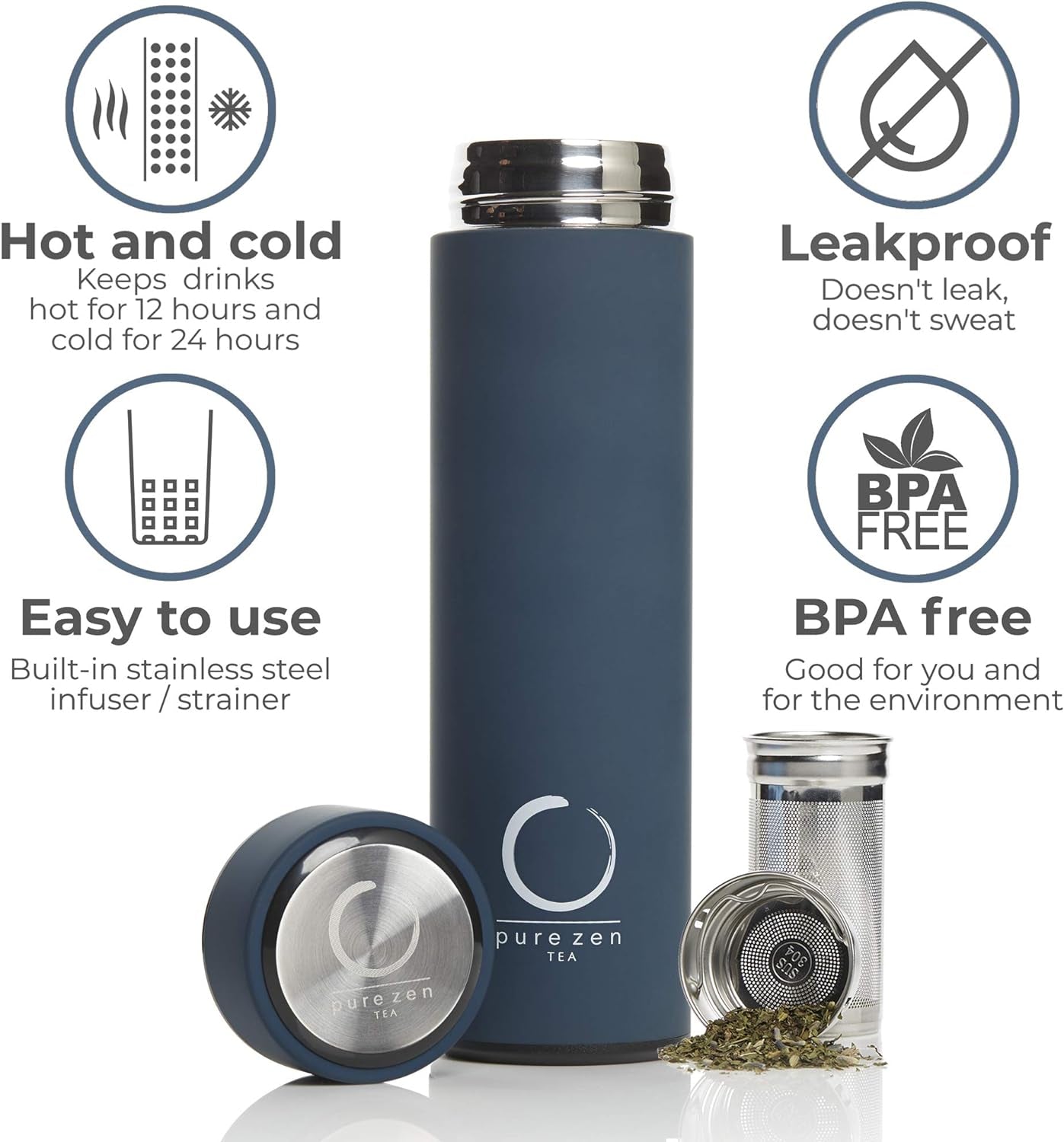 Thermos with Infuser for Tea, Coffee and Fruit-Infused Water - Stainless Steel - Tea Infuser Bottle - Tea Tumbler with Infuser - Leakproof Travel Tea Mug - Tea Infuser Cup - 15Oz - Blue